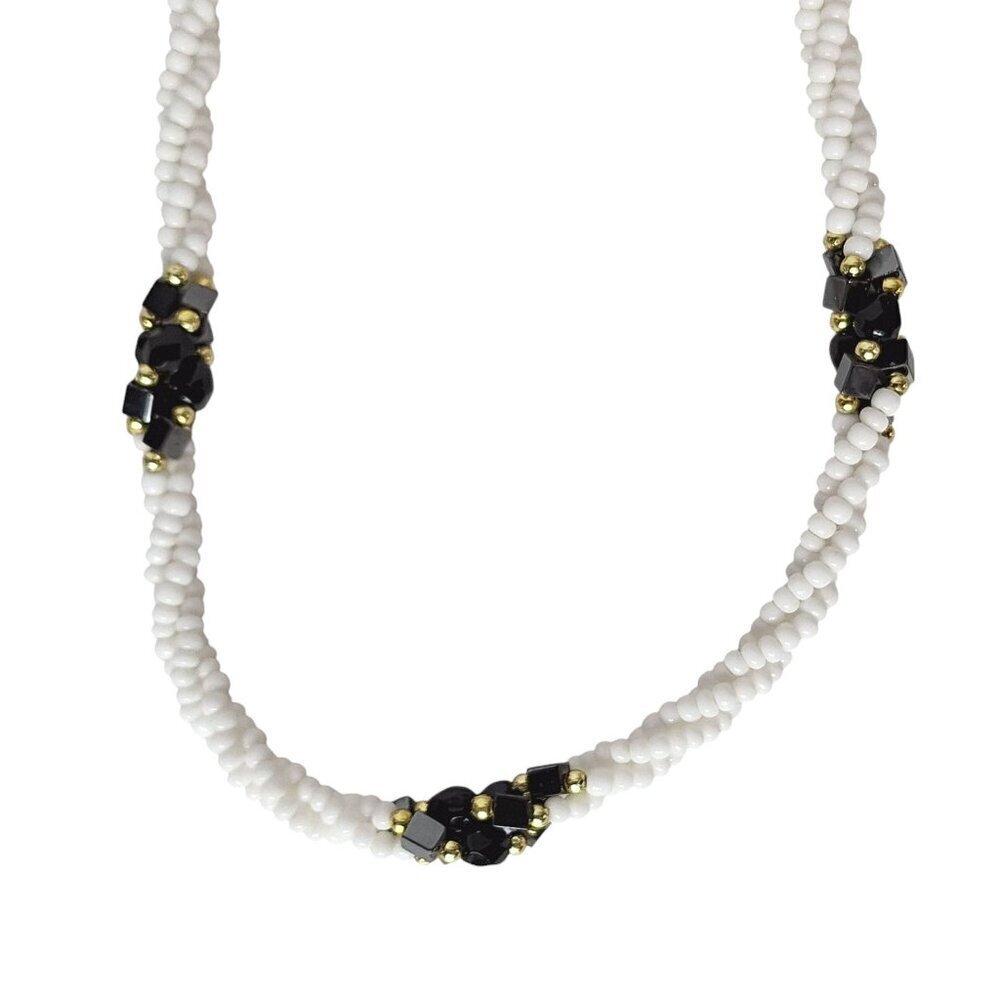 Torsade Necklace Black Onyx Chips White Glass Seed Beads